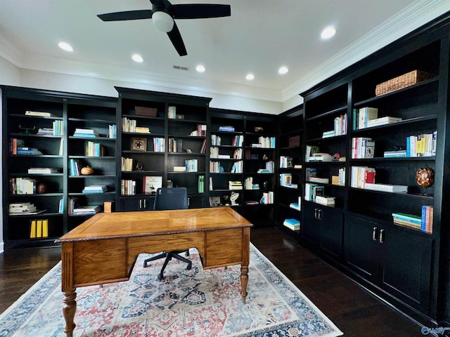 6901 Ridge Pointe Dr SE, Owens Cross Roads, AL 35763 - home office with crown molding, a ceiling fan, dark wood-style flooring, bookshelves, and recessed lighting