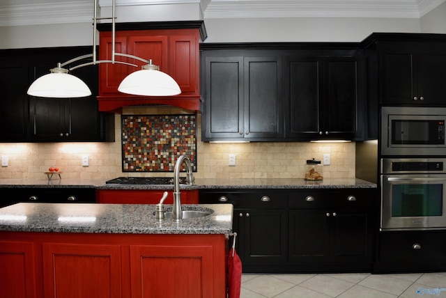 6901 Ridge Pointe Dr SE, Owens Cross Roads, AL 35763 - kitchen featuring stainless steel appliances, light tile patterned floors, dark stone counters, ornamental molding, and backsplash