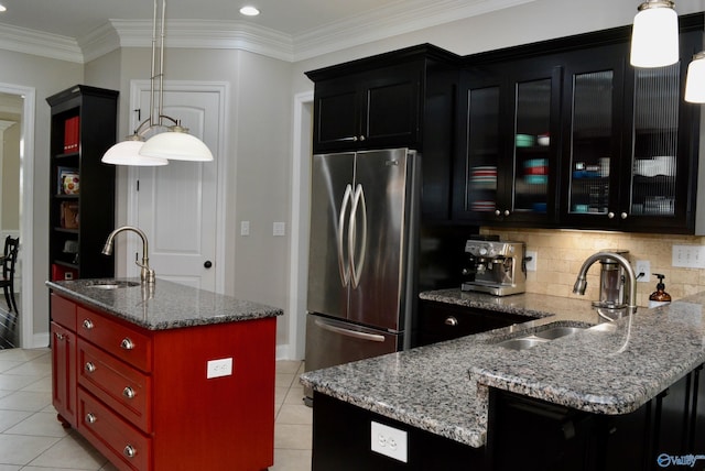 6901 Ridge Pointe Dr SE, Owens Cross Roads, AL 35763 - kitchen featuring freestanding refrigerator, a sink, light tile patterned floors, recessed lighting, and ornamental molding