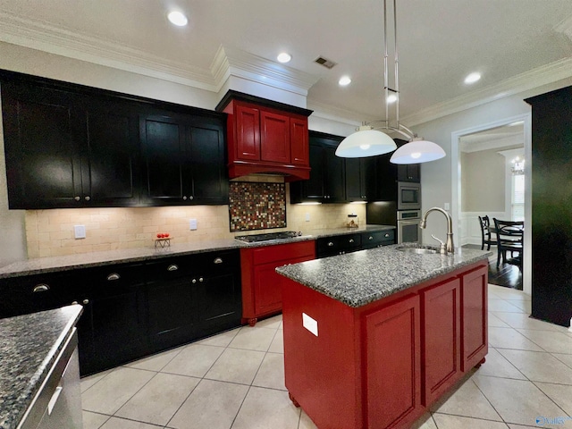 6901 Ridge Pointe Dr SE, Owens Cross Roads, AL 35763 - kitchen featuring appliances with stainless steel finishes, a sink, light tile patterned floors, backsplash, and crown molding
