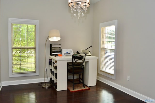 6901 Ridge Pointe Dr SE, Owens Cross Roads, AL 35763 - office area with baseboards, dark wood-style flooring, a chandelier, and plenty of natural light