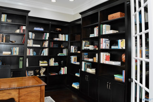 6901 Ridge Pointe Dr SE, Owens Cross Roads, AL 35763 - office area with ornamental molding, dark wood-type flooring, wall of books, and recessed lighting