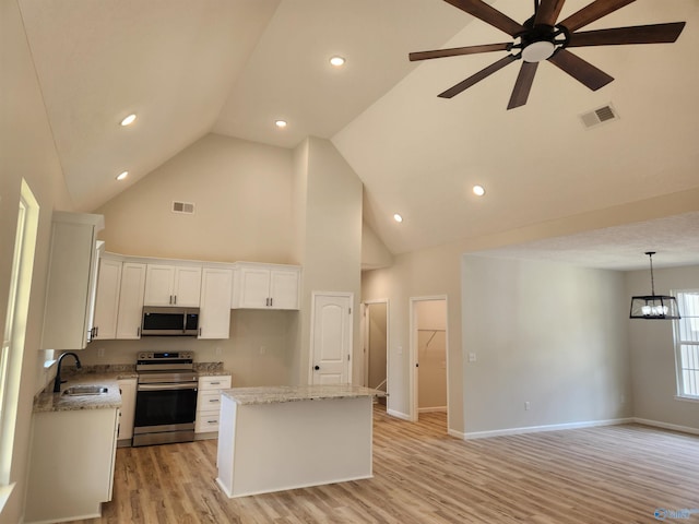 kitchen with a kitchen island, a sink, visible vents, white cabinetry, and appliances with stainless steel finishes