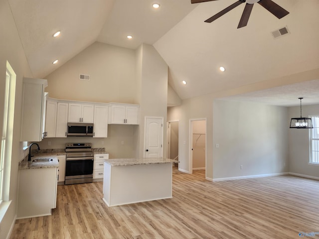 kitchen featuring a center island, visible vents, appliances with stainless steel finishes, white cabinets, and a sink