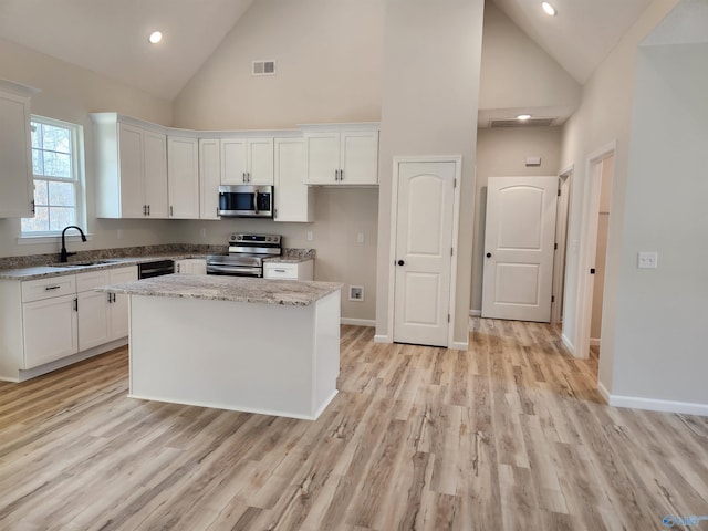 kitchen with appliances with stainless steel finishes, white cabinets, visible vents, and a sink