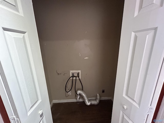 clothes washing area with hookup for an electric dryer, hardwood / wood-style flooring, and hookup for a washing machine