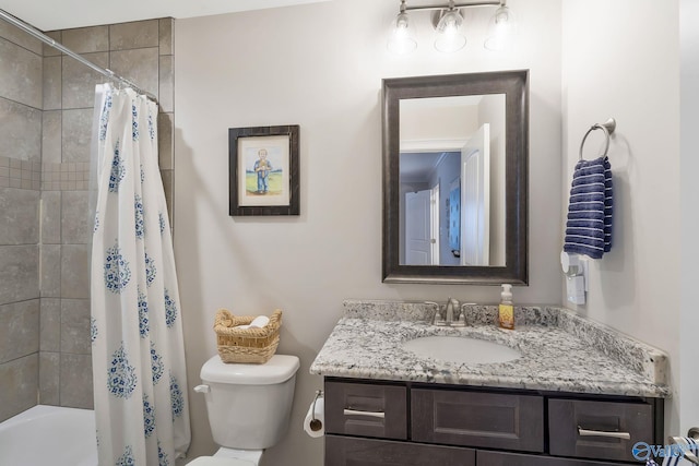 full bathroom with shower / bathtub combination with curtain, toilet, and vanity