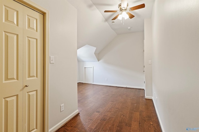 bonus room with dark hardwood / wood-style floors, ceiling fan, and lofted ceiling