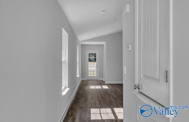 hallway with dark hardwood / wood-style floors and lofted ceiling