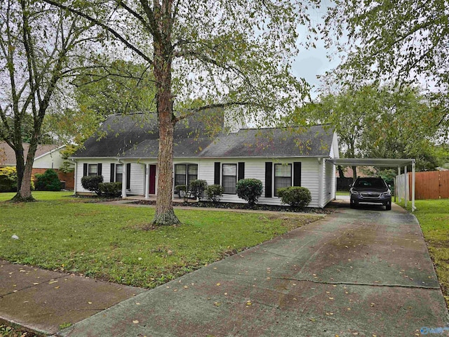 ranch-style home with a carport and a front lawn