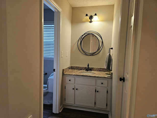 bathroom with toilet, a textured ceiling, vanity, and hardwood / wood-style floors