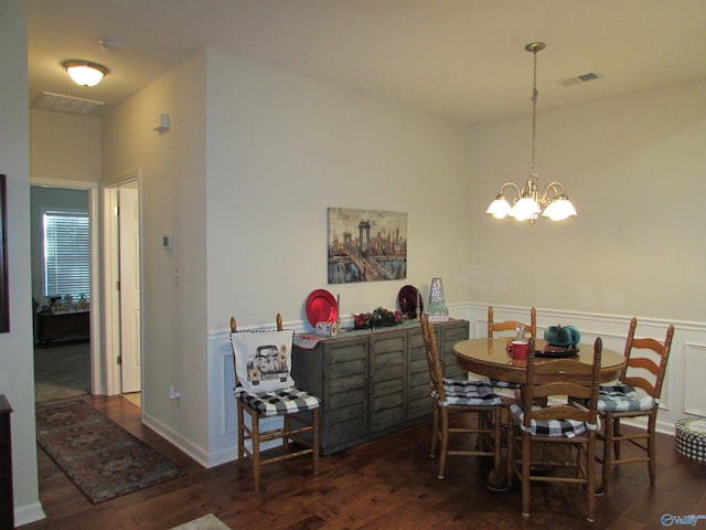 dining space with dark wood-style floors, wainscoting, and visible vents