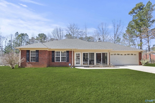 ranch-style house with brick siding, a shingled roof, an attached garage, driveway, and a front lawn