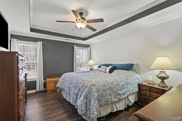 bedroom featuring multiple windows, a tray ceiling, dark wood finished floors, and crown molding