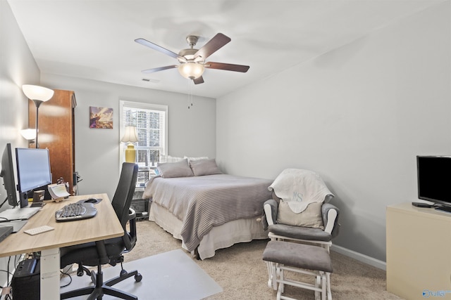 bedroom featuring baseboards, visible vents, ceiling fan, and carpet flooring