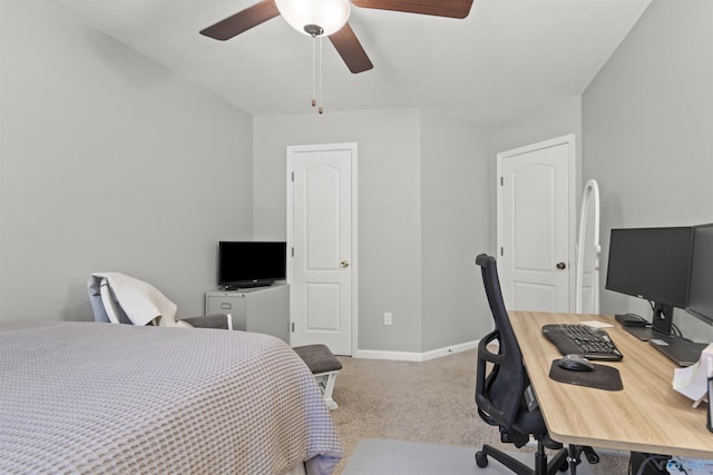 bedroom with carpet floors, baseboards, and a ceiling fan