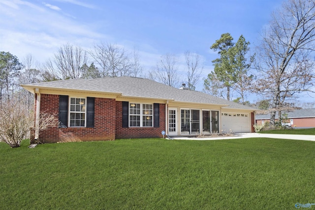 ranch-style house with an attached garage, brick siding, concrete driveway, roof with shingles, and a front lawn