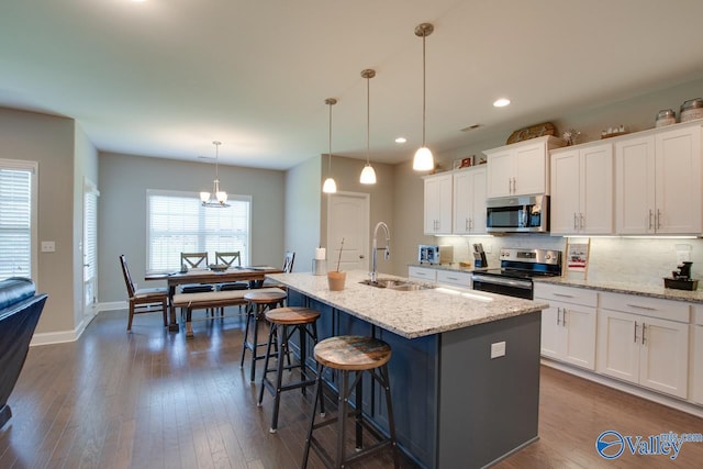 kitchen featuring a center island with sink, white cabinets, appliances with stainless steel finishes, a sink, and backsplash