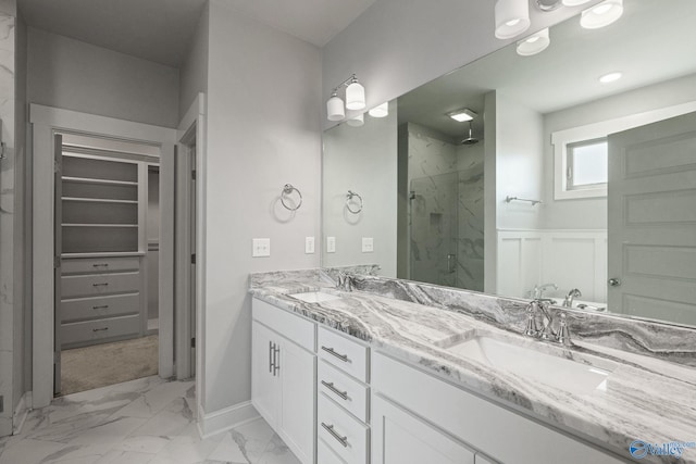 bathroom with vanity, walk in shower, and tile patterned floors