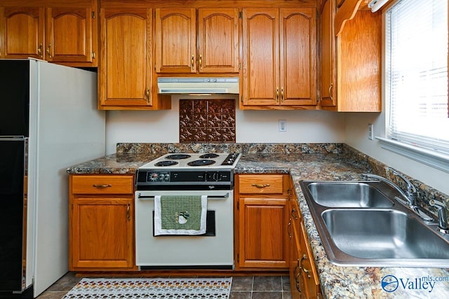 kitchen featuring fridge, sink, dark stone counters, and electric stove