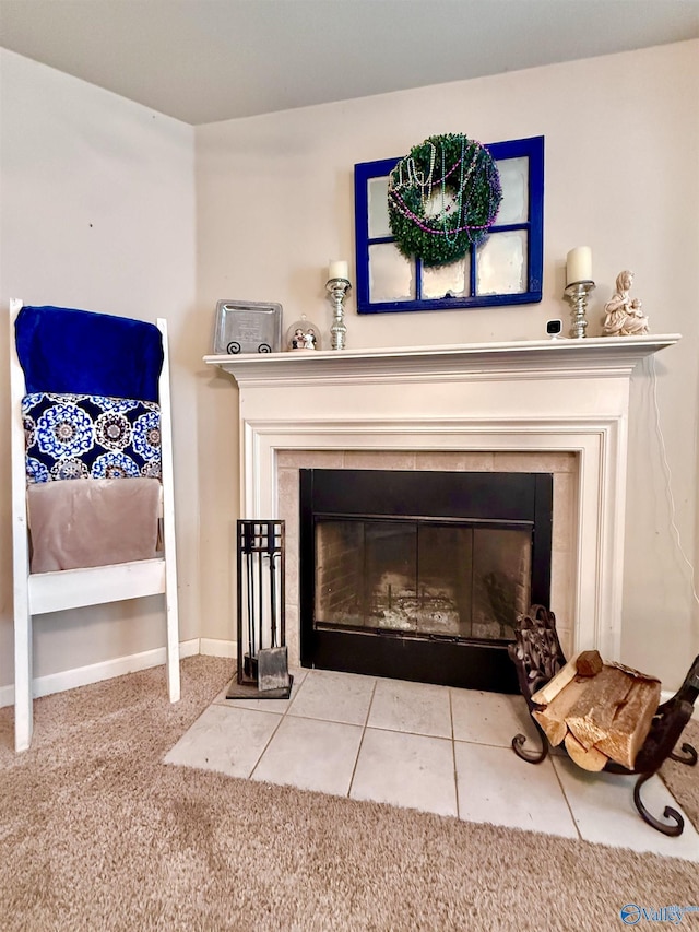 details with a fireplace and carpet flooring