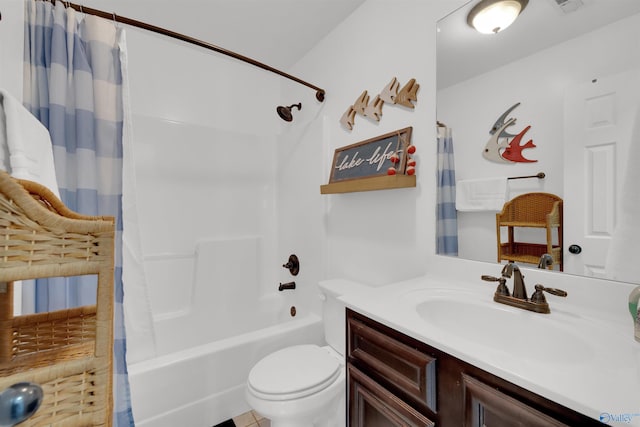 full bathroom featuring vanity, toilet, and shower / bathtub combination with curtain