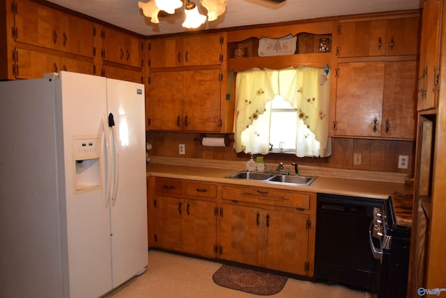 kitchen featuring dishwasher, light countertops, white fridge with ice dispenser, and a sink