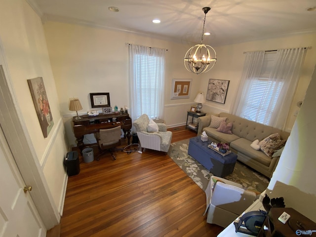 702 Mckinley Ave, Huntsville, AL 35801 - living area with a chandelier, wood finished floors, crown molding, and recessed lighting