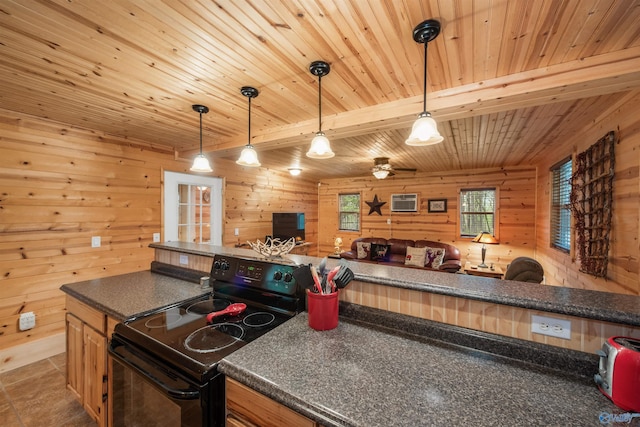 kitchen with dark countertops, wood ceiling, and black electric range oven