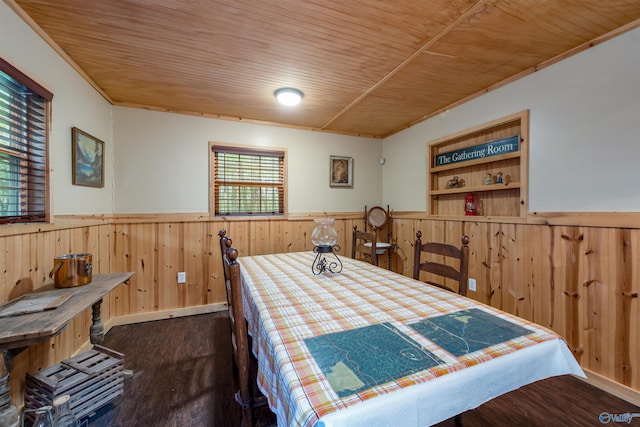 dining space with a wainscoted wall, wood ceiling, dark wood-style flooring, and wood walls