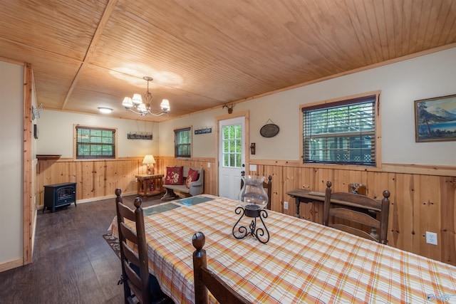 dining room featuring a wood stove, wooden ceiling, wainscoting, and wood finished floors