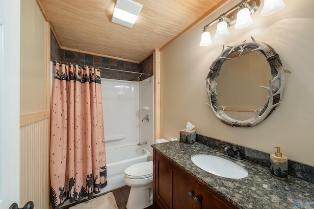 bathroom with shower / tub combo, toilet, wooden ceiling, crown molding, and vanity