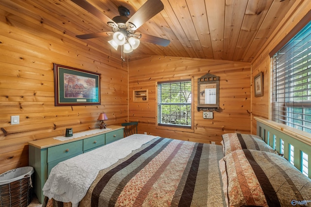 bedroom with lofted ceiling, wood ceiling, and wooden walls