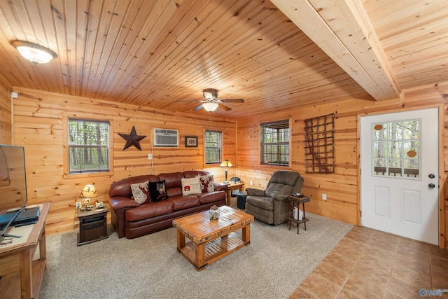 living room with a wall unit AC, wood walls, wooden ceiling, and tile patterned flooring