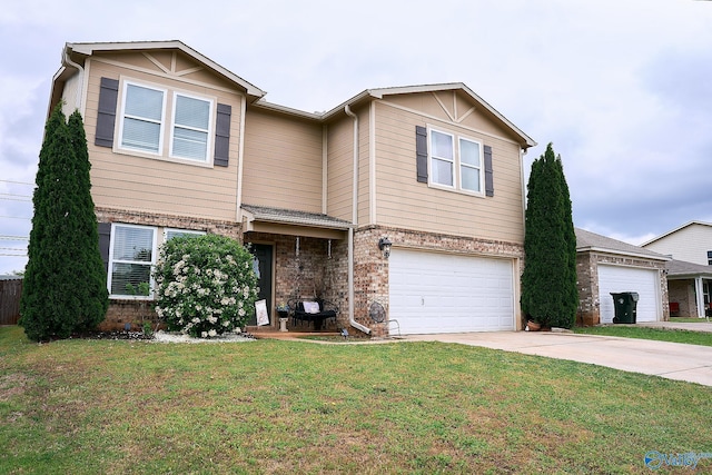craftsman inspired home with brick siding, driveway, a front yard, and a garage