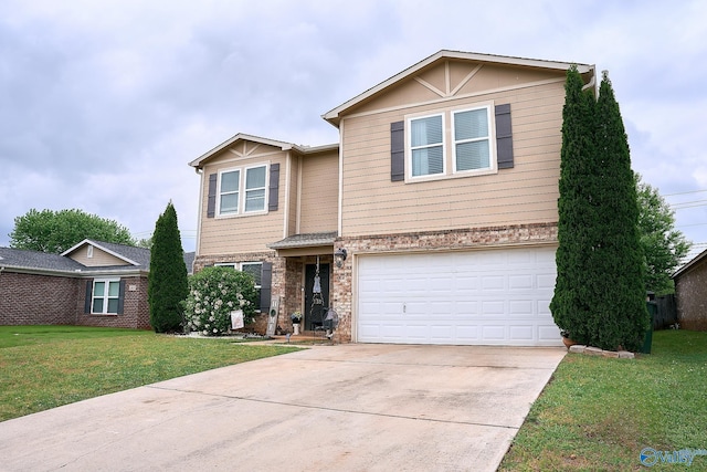 view of front of home featuring an attached garage, driveway, brick siding, and a front yard