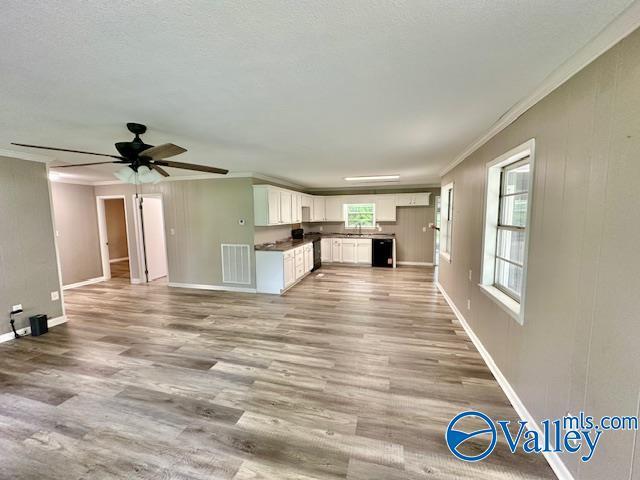 196 Johnson St, Rainsville, AL 35986 - unfurnished living room featuring ornamental molding, light wood finished floors, baseboards, a ceiling fan, and a sink