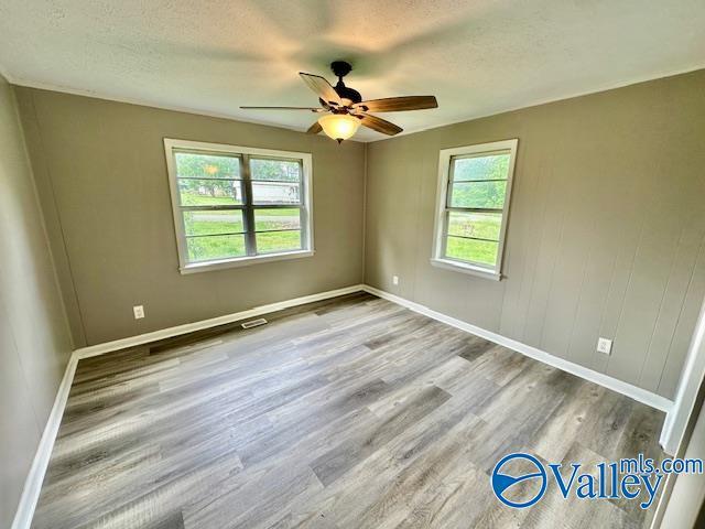 196 Johnson St, Rainsville, AL 35986 - spare room with plenty of natural light, a ceiling fan, wood finished floors, baseboards, and a textured ceiling