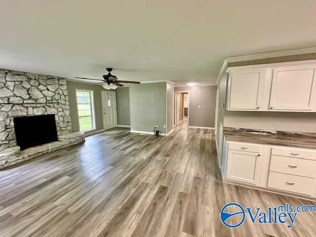 196 Johnson St, Rainsville, AL 35986 - unfurnished living room with ornamental molding, ceiling fan, light wood-style floors, baseboards, and a stone fireplace
