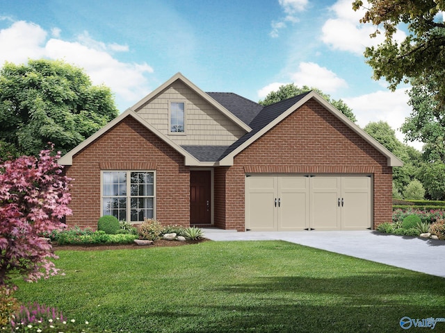 craftsman-style home featuring a shingled roof, a front lawn, concrete driveway, brick siding, and a garage