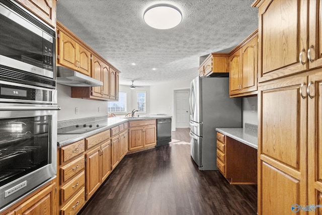 kitchen featuring sink, a textured ceiling, ceiling fan, black appliances, and dark wood-type flooring