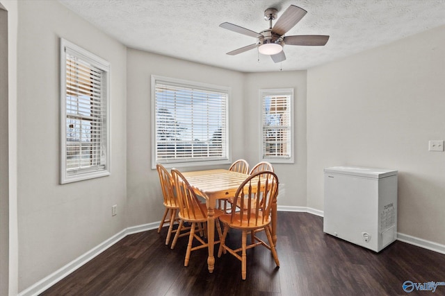 dining area featuring a textured ceiling, ceiling fan, and dark hardwood / wood-style floors