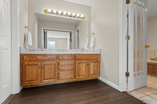 bathroom featuring vanity and wood-type flooring