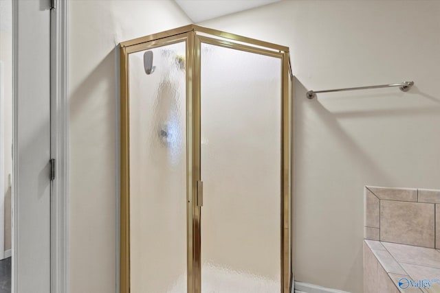 bathroom with a shower with shower door