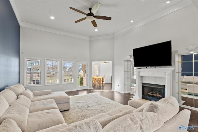 living room with a fireplace, hardwood / wood-style floors, ceiling fan, and ornamental molding