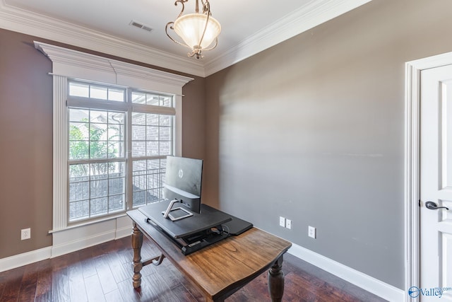 office area with ornamental molding and dark hardwood / wood-style flooring