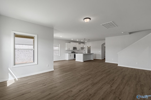 unfurnished living room featuring sink and dark hardwood / wood-style flooring