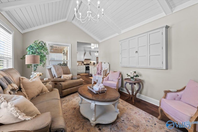 living area with a chandelier, wood finished floors, wooden ceiling, vaulted ceiling with beams, and baseboards