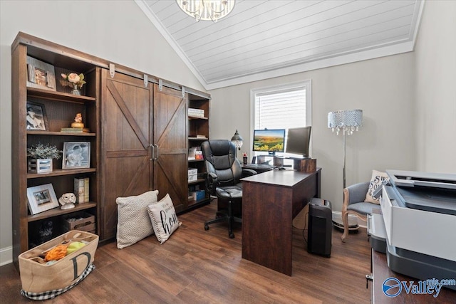 office space with a chandelier, wooden ceiling, vaulted ceiling, and dark wood finished floors