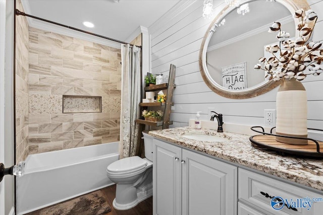 full bath with shower / bath combination with curtain, vanity, ornamental molding, toilet, and wood finished floors
